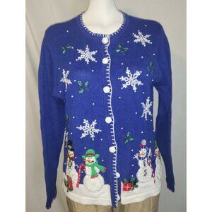 Victoria Jones Christmas Snowmen Snowflake Cardigan Size Medium Blue & White